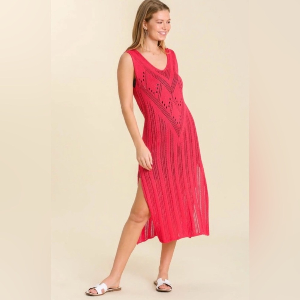 Umgee 100% Cotton Sleeveless Knit Dress in Hot Pink